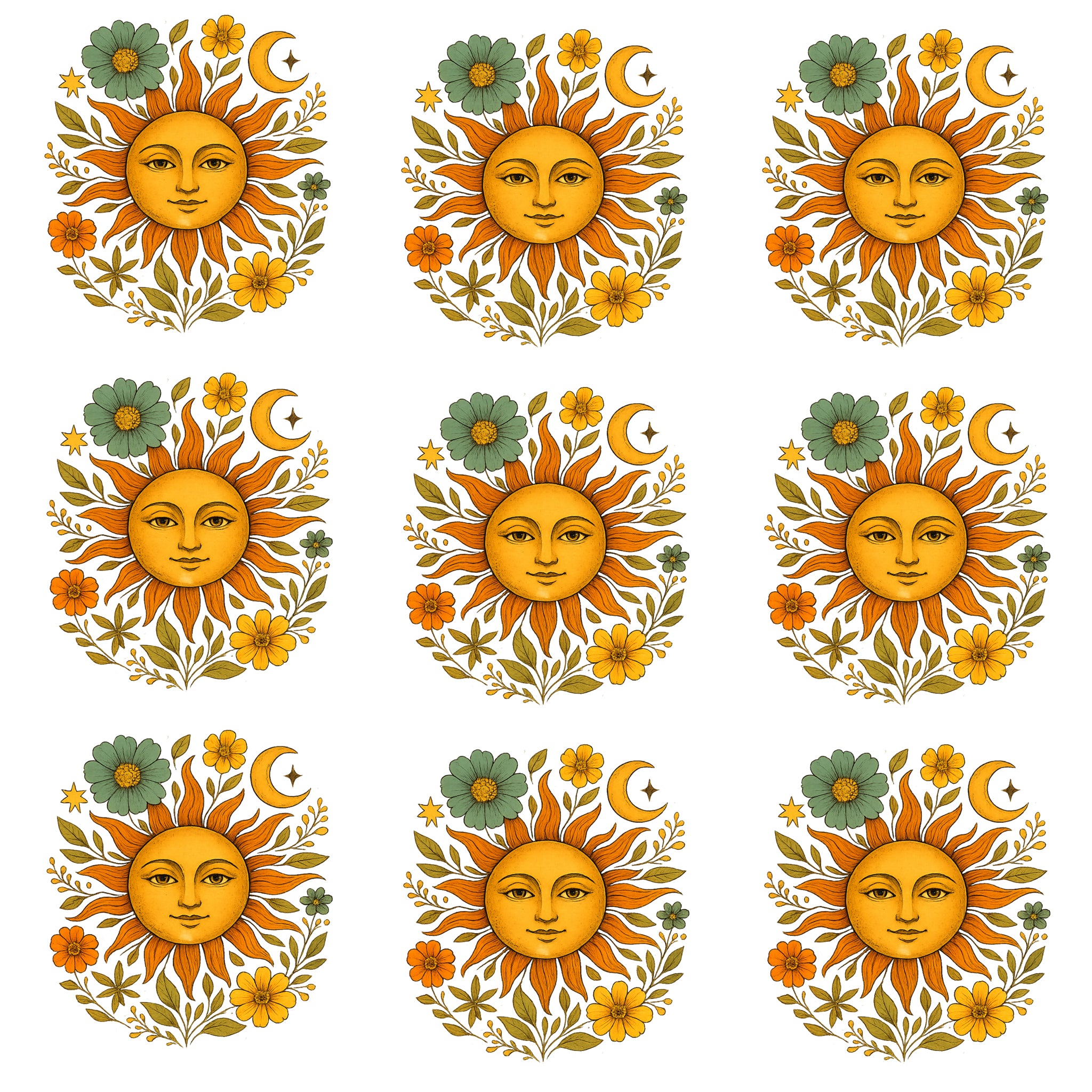 Celestial Sun Face Inglaze Ceramic Decals, Food Safe & Dishwasher Safe, Cone 04-6
