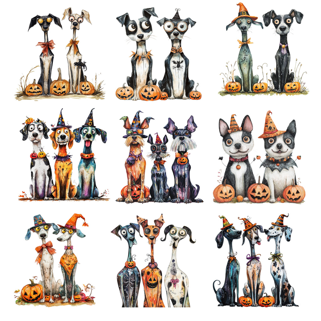 ceramic decal sheet of quirky cartoon Halloween dogs.