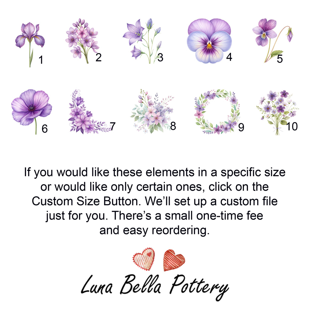 Purple Flowers Inglaze Ceramic Decals, Food Safe & Dishwasher Safe, Cone 04-6