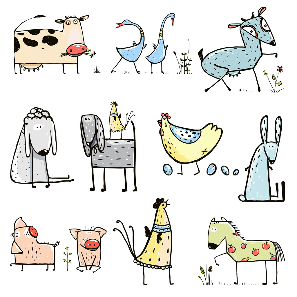 ceramic decal sheet  of silly cartoon farm animals 