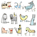 ceramic decal sheet  of silly cartoon farm animals 