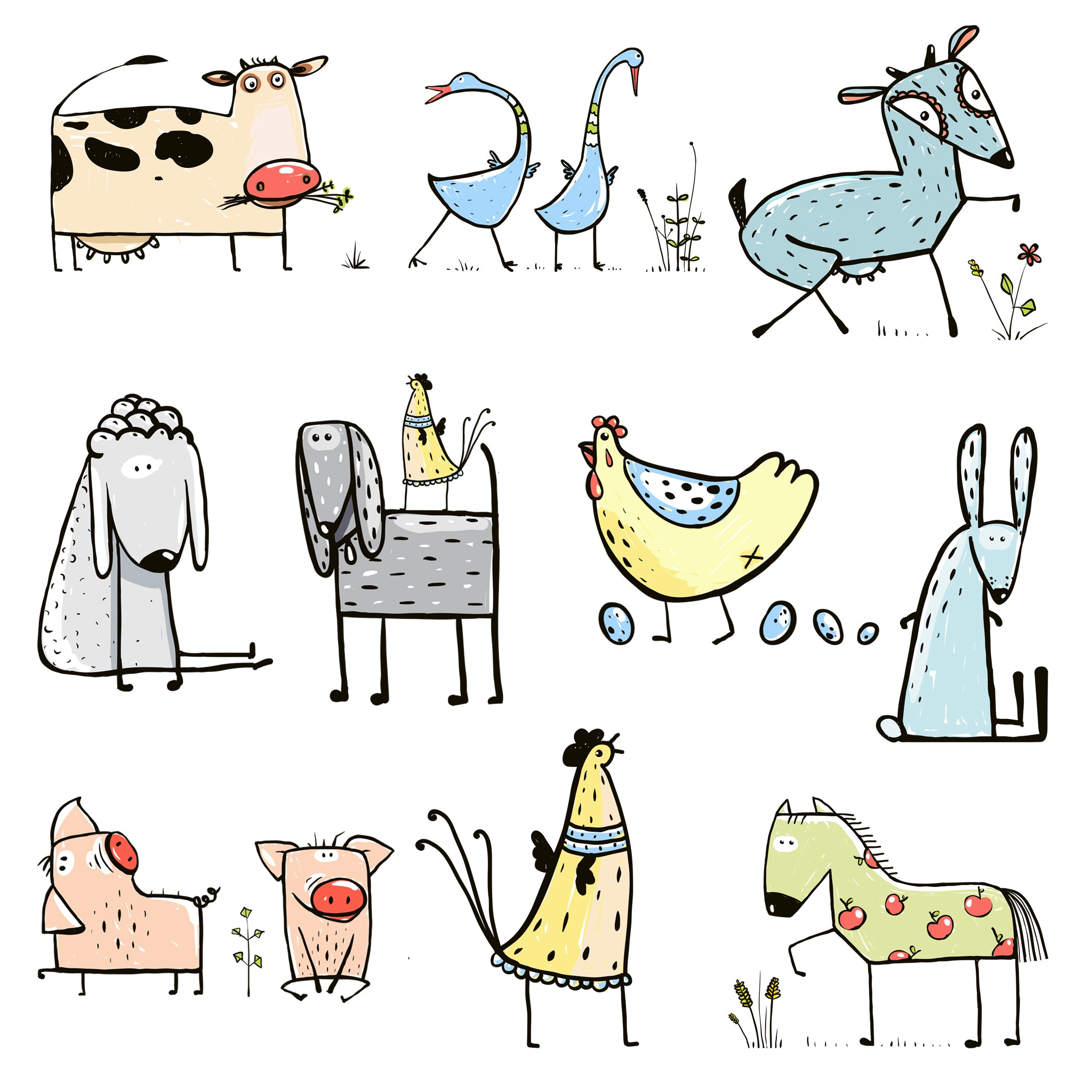 ceramic decal sheet  of silly cartoon farm animals 